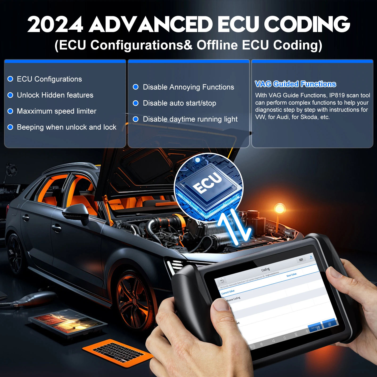 XTOOL IP819 Automotive Scanner Active Test ECU Coding Key Programming with CAN FD 36+ Resets Car Scanner Diagnostics for Auto