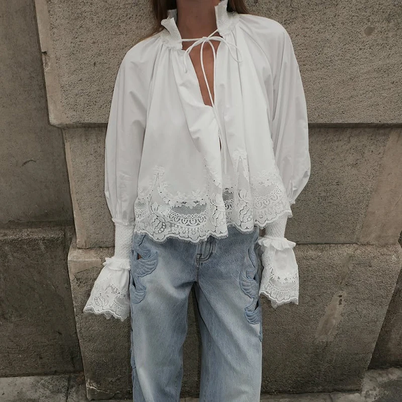 Casual High Street Tie V Neck Commute Top Tees New White Lace Design Irregular Shirt Autumn Flared Sleeves Loose Women's Blouses