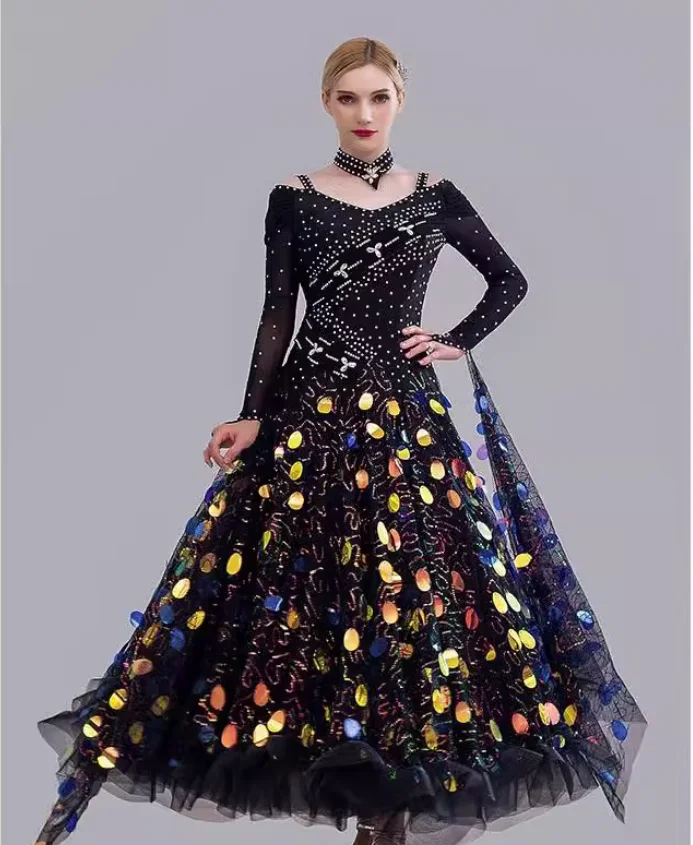 

Modern dance sequin stage costumes Waltz embroidered large swing women's dress