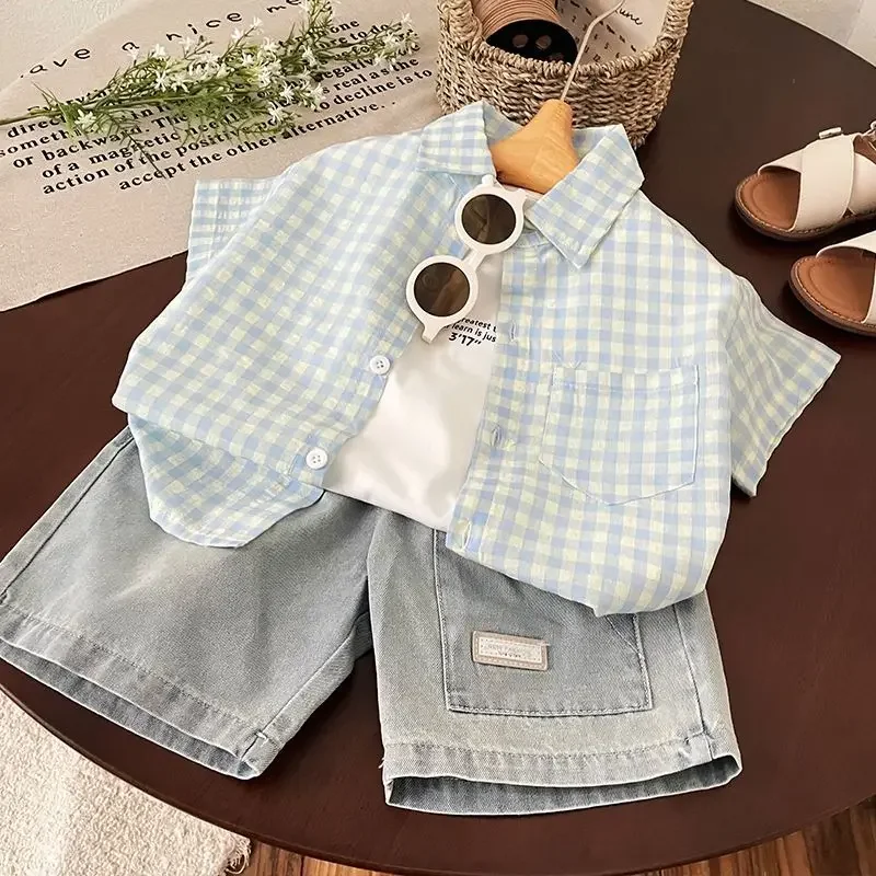 

Summer New Children's Clothing Set for Boys Plaid Short Sleeve Shirt + Shorts Two-Piece Set Kids' Outfit