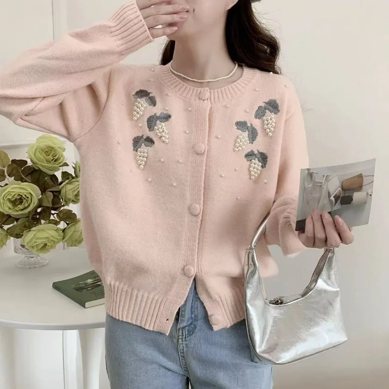 

Retro Contrast Embroidery Cardigan Couple Sweater Street Casual Slim Sports Sweet Trendy Jacket Knitted Sweater