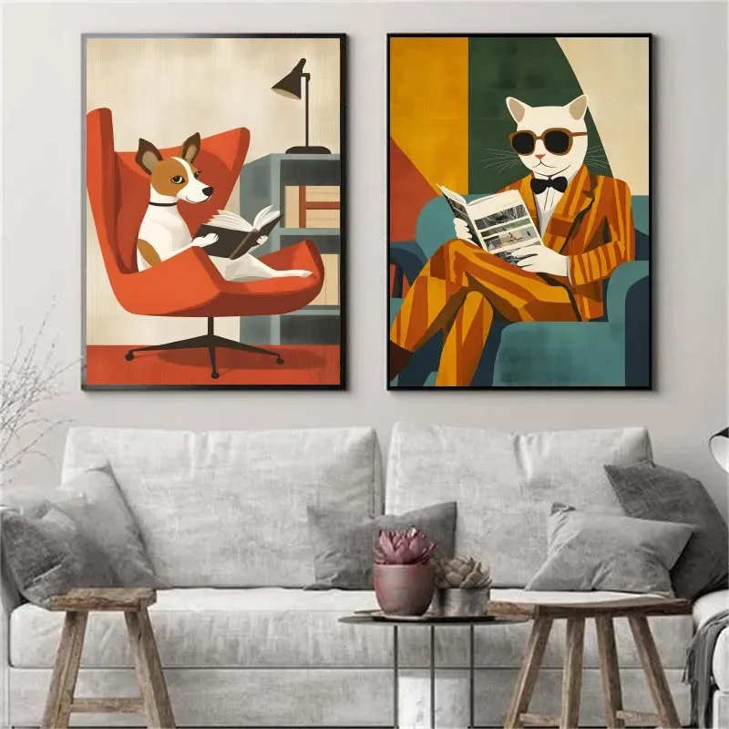 مضحك الحيوانات القراءة القيادة المشارك لطيف السنجاب كوالا الكلب القط شرب القهوة حائط لوح رسم الفن لغرفة ديكور المنزل