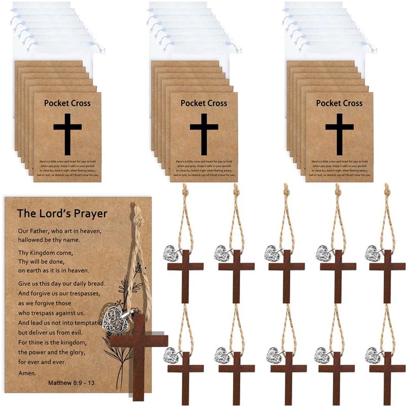 12 ensembles de cadeaux de fête chrétienne, breloque croisée de poche en bois, cadeaux religieux chrétiens, cadeau de baptême confortable à base de foi