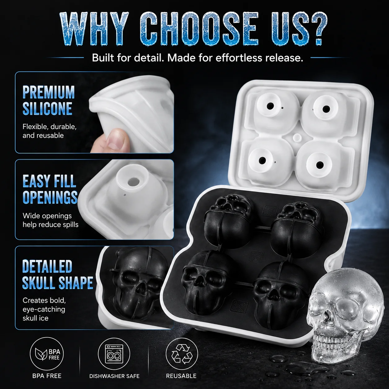 4/6 Cavity Large Skull Ice Cube Maker Silicone Whiskey Ice Tray Slow Melting Ice Cube Mold For Halloween Bar Drinks Accessories - view 5