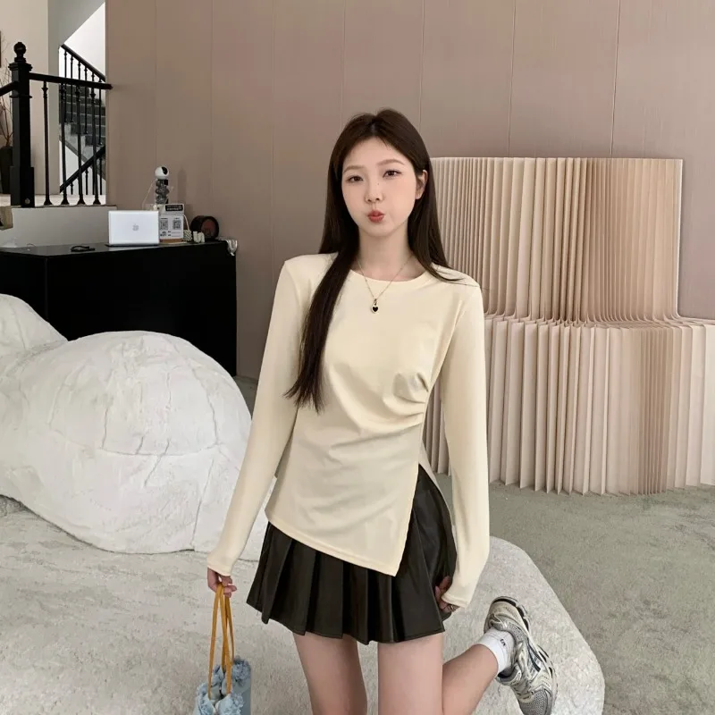 Women Irregular Split Long Sleeve T Shirt Slim Hide Belly Design Base Top Autumn
