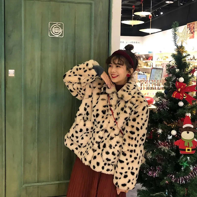 Faux Fur Leopard Coat Women Fall Winter Warm Loose Lazy Casual Outwear Fashion Fur Spots Single Breasted Female Jacket