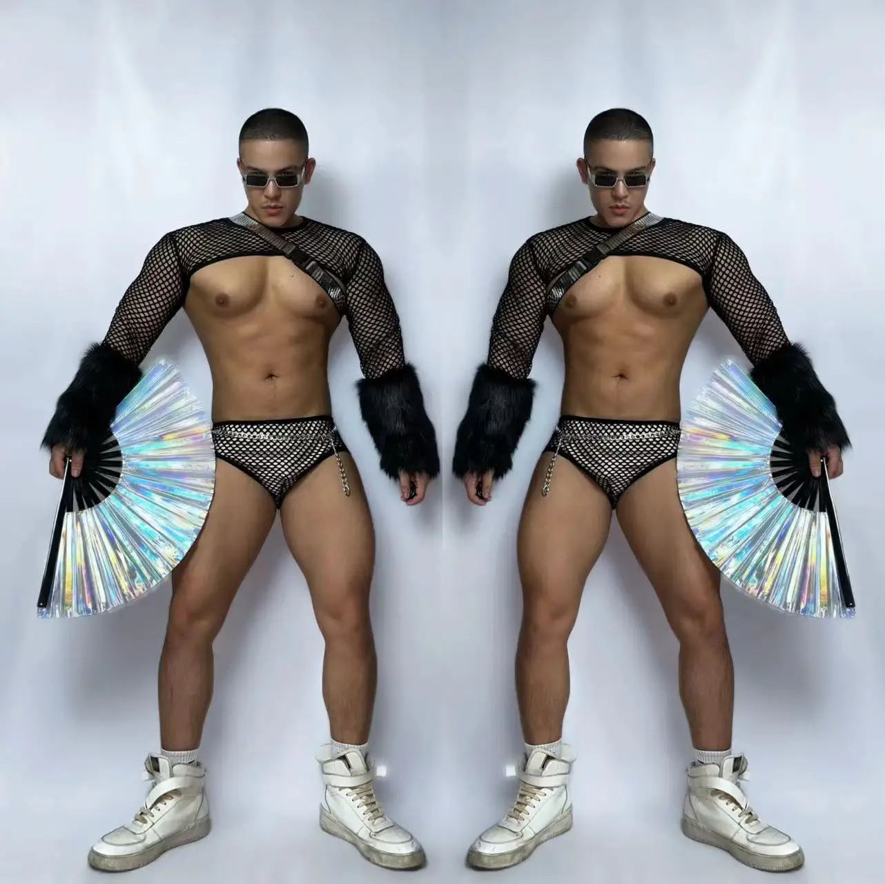 

Sexy Nightclub Pole Dance Costume For Male See-Through Mesh Tops Triangle Shorts Muscle Man Gogo Dancing Rave Outfit VDB5810