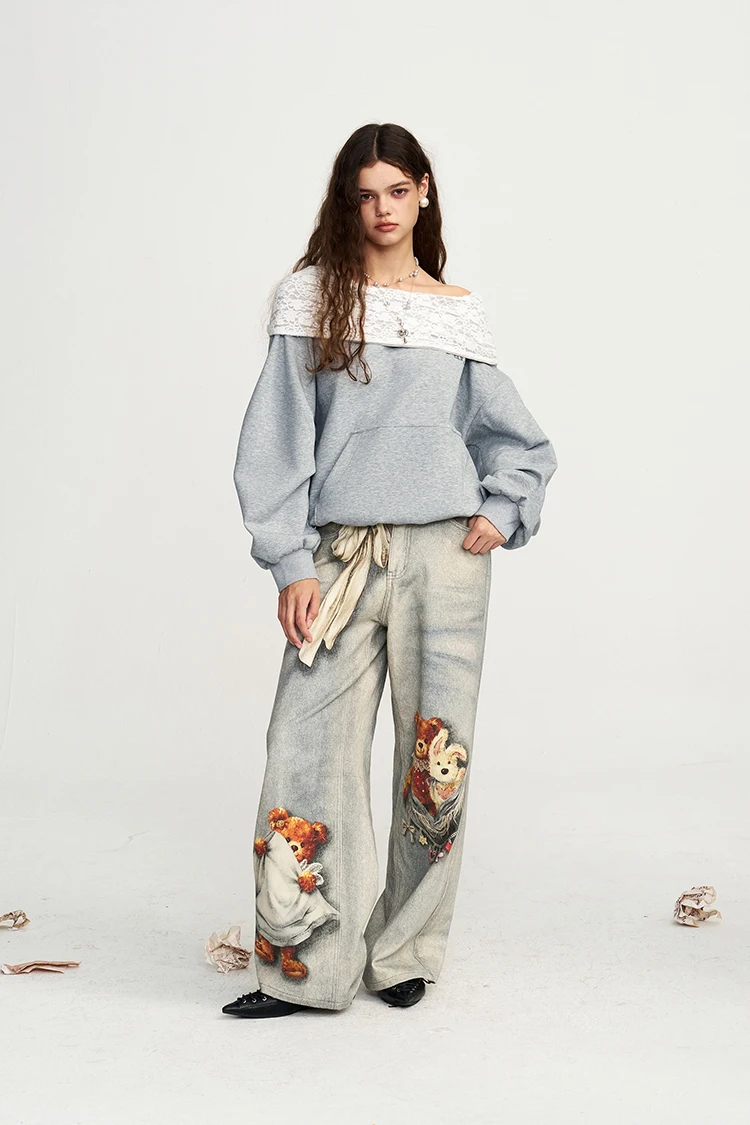 ELFSACK Women's Casual Off Shoulder Sweatshirt with Patterned Collar, Loose Long Sleeve Pullover for Everyday, Chic Gray Top