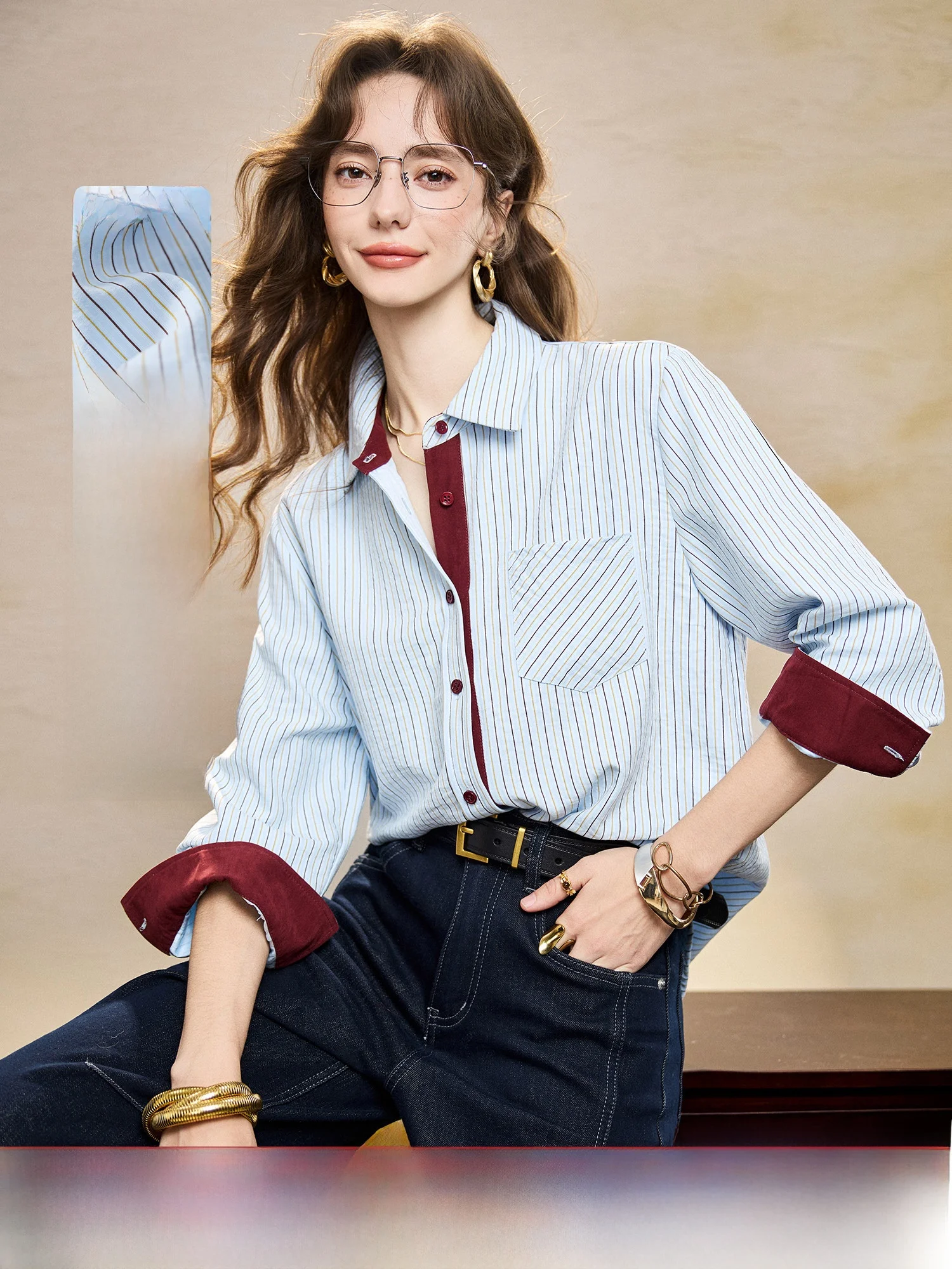 

Striped Shirt Women's Fashion Collar Color Block Spring 2026 Top Sleeve Long Polyester Fiber Regular Fit Commute Style