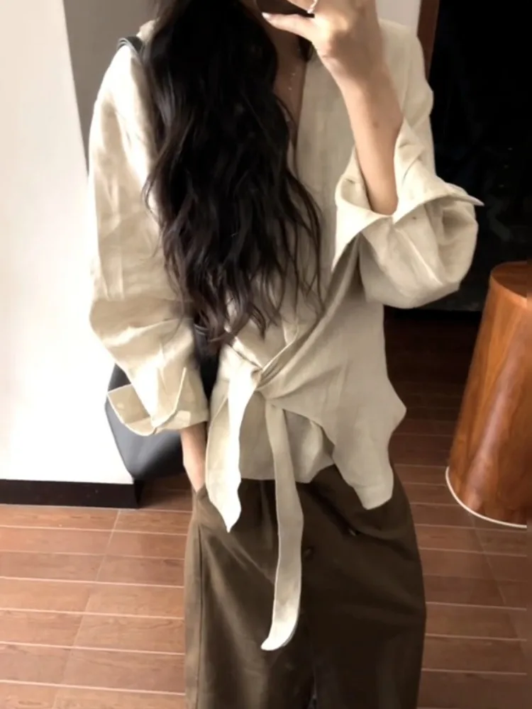 Loose Fit Linnen irt Dames Faion Koreaanse Sle Belted Taille Speciaal ontwerp Casual Comfortabel gevoel Herfsttop