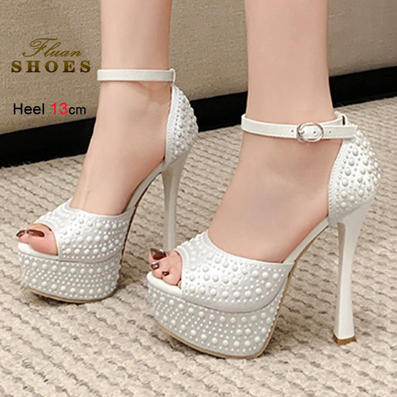 

New Sexy Summer White Pearl Women's Sandals Thin Heels 13cm Platform Ankle Buckle Straps Round Peep Toe Hollow Out Banquet Shoes