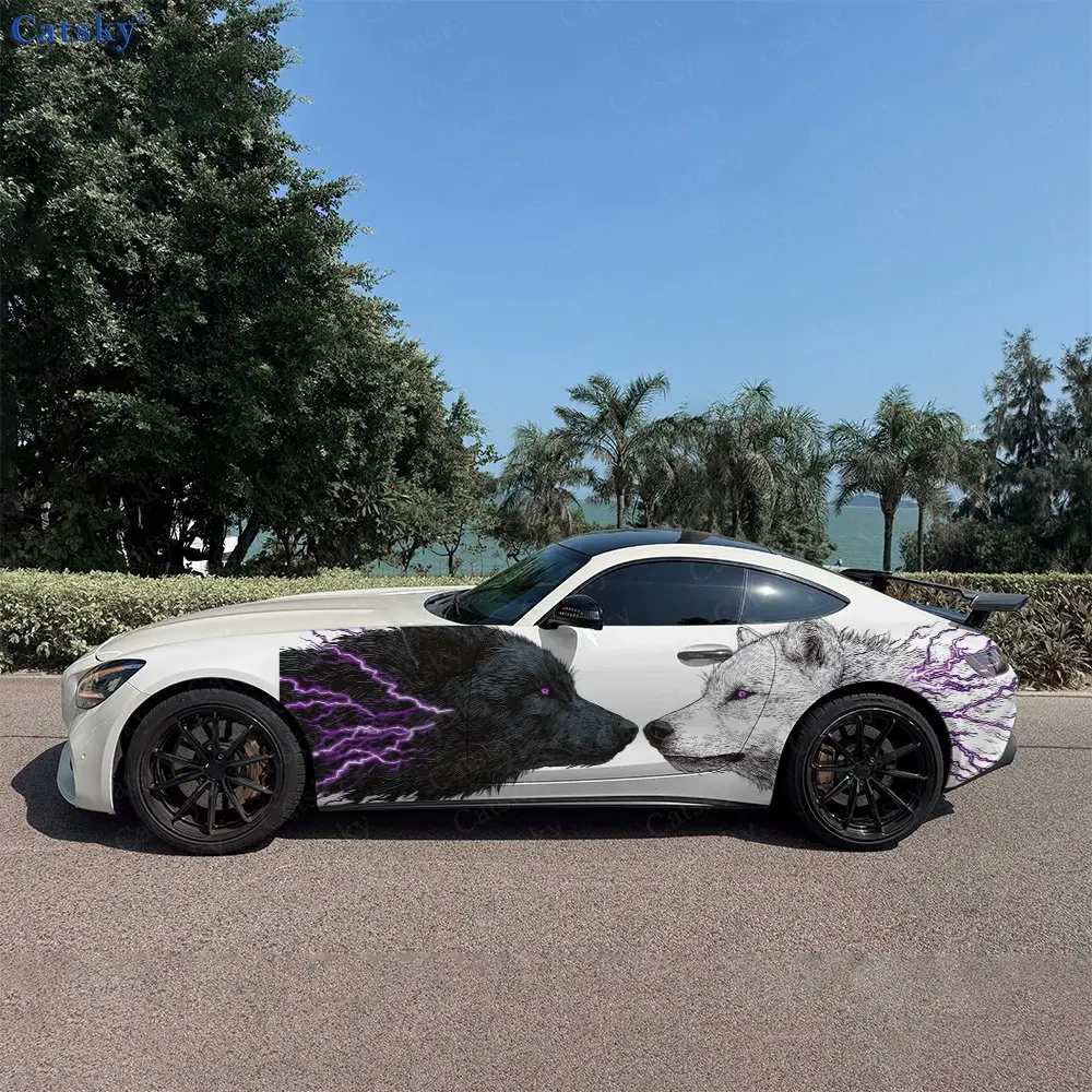 2pcs Purple Lightning Dual Wolves Car Side Wraps, Self-Adhesive PVC Waterproof & Scratch-Resistant Stickers, Car Accessory Gift