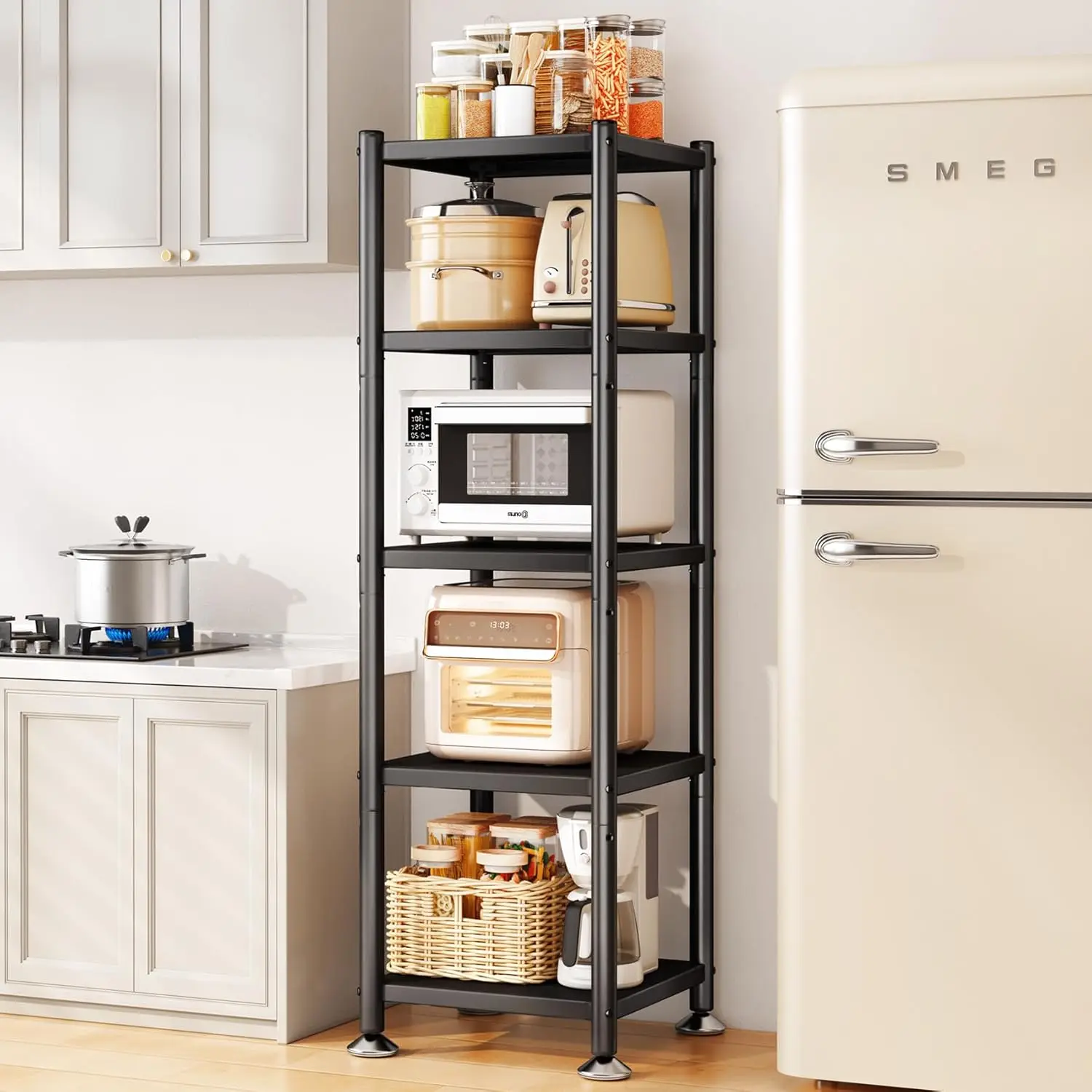

5-Tier Adjustable Kitchen Storage Shelves with Rolling Wheels, Metal Pantry Organizer for Bedroom Laundry Closet
