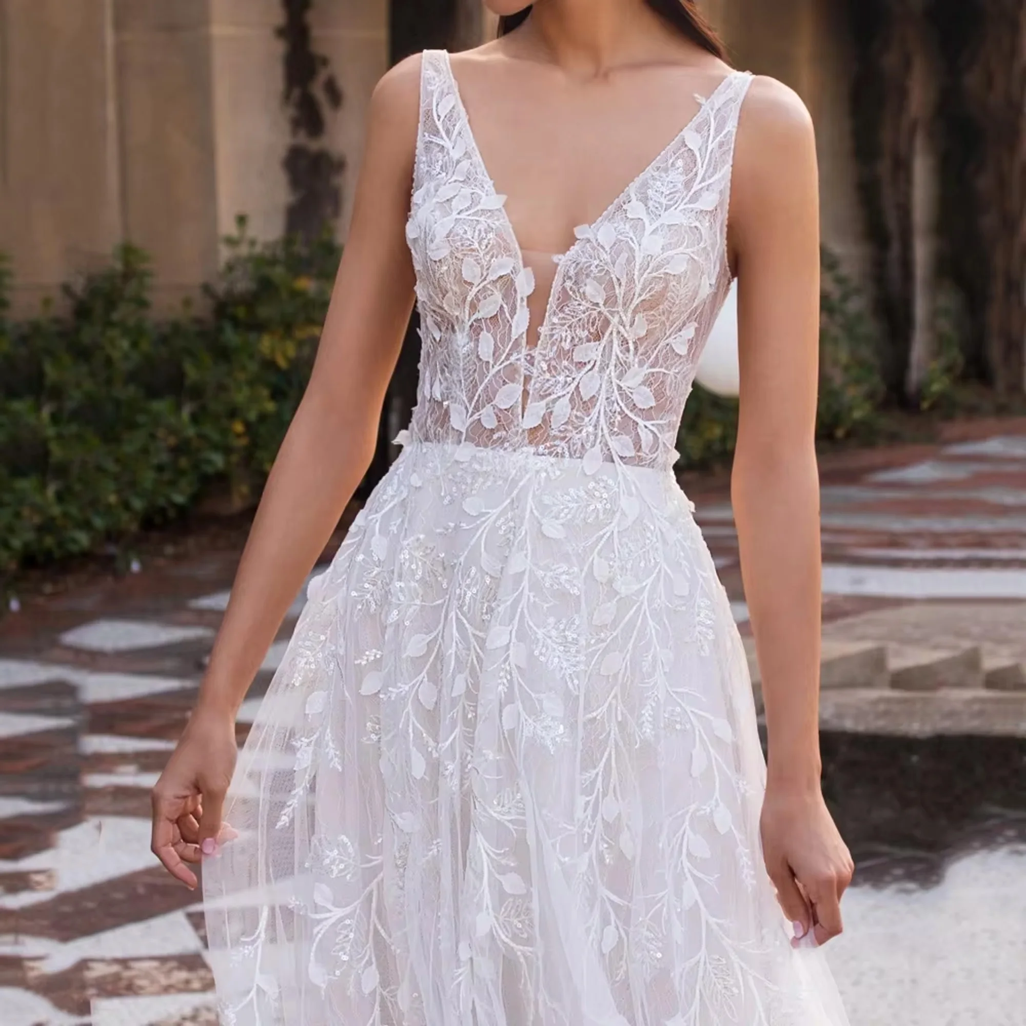 Roddrsya renda a linha boho vestido de casamento com decote em v tanque applique vestido de noiva sexy ilusão vestidos de noiva novia personalizado RODDRSYA Lace A-Line Boho Vestido de Noiva V-Neck Tanque Aplique Vesti