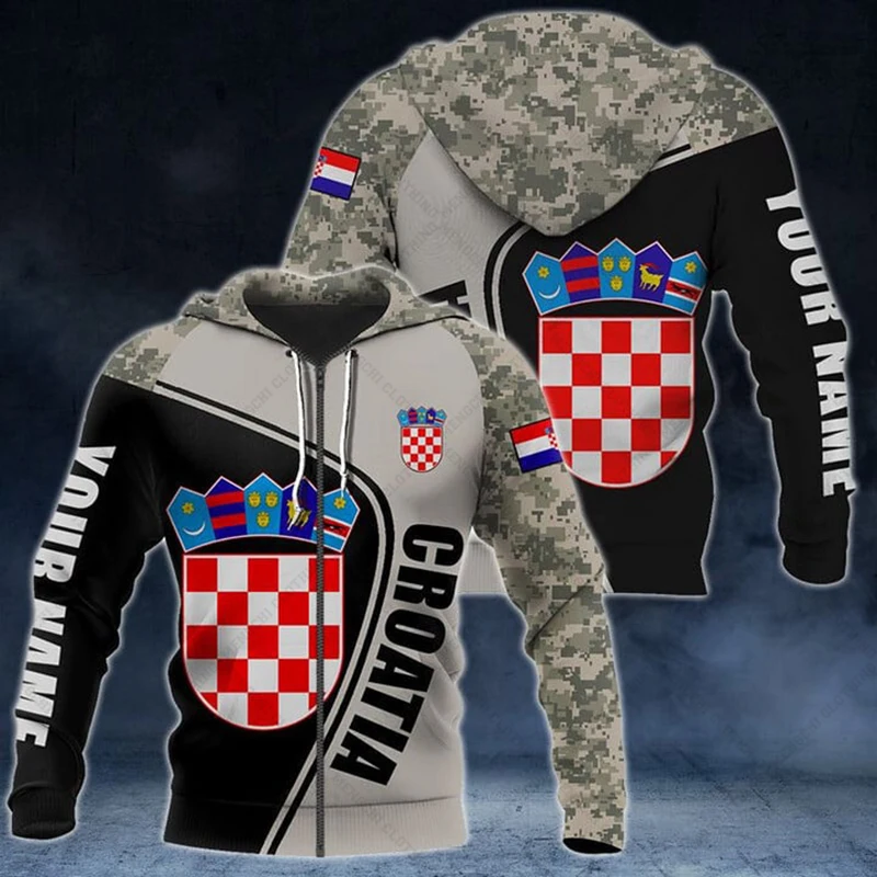 Customize Croatia Camouflage Zipper Hoodies Loose Unisex Oversize Sweatshirts Winter Casual Streetwear Tops Pullover