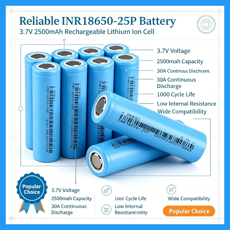 Batterie Li-Ion rechargeable 18650-25P 3.7V 2500mAh 20A, cellule haute performance pour outils électriques et lampes de poche, achat en gros