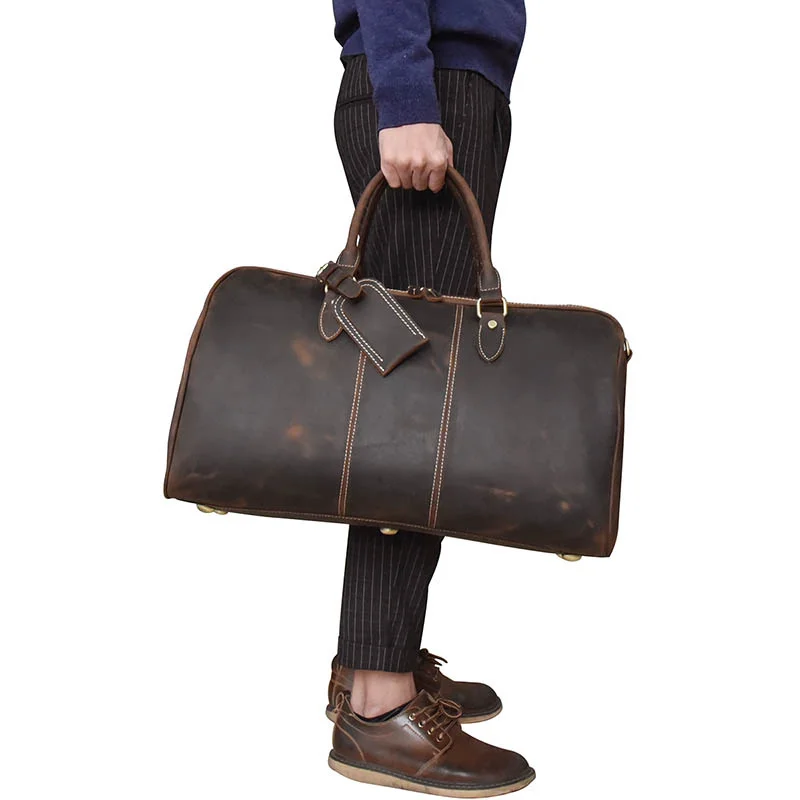 

Genuine Leather Men Travel Bag large Capacity Women 20" Vintage Cow Leather Travel Duffel Glossy Work Luggage carry on Bags