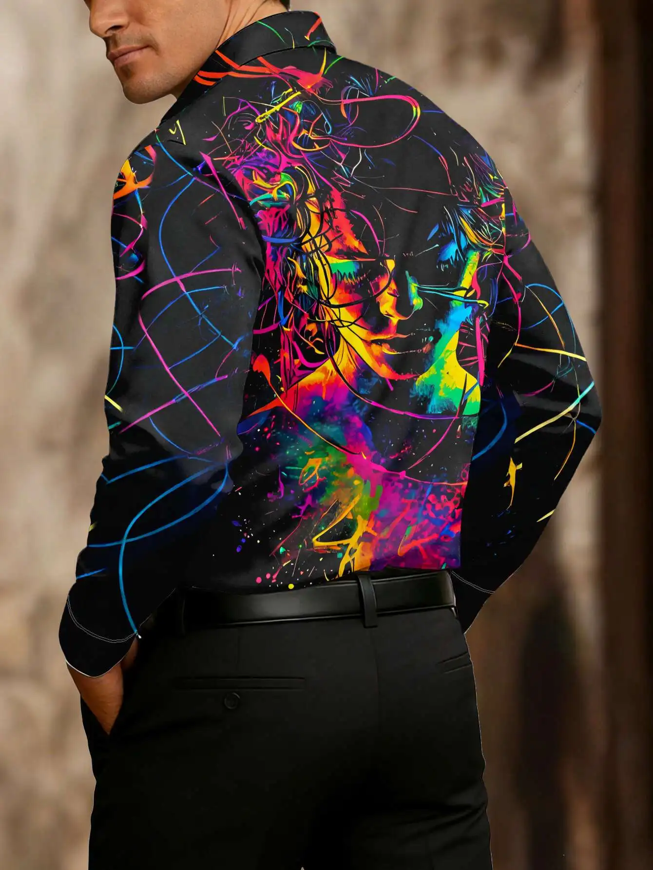 Mens Shirt Long Sleeve Colorful Abstract Graffiti Print Turn‑Down Collar Button Front Loose Casual Autumn Street Top Men Clothes