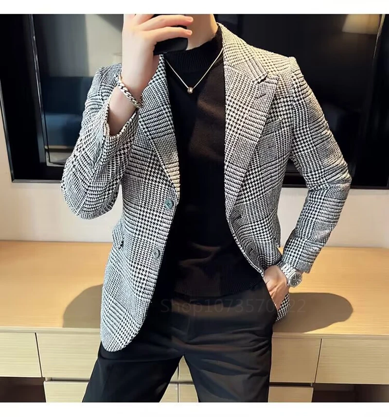 

Slim Fit Houndstoot Men's Blazer Fashion Style Business Man Suit Jacket Plaid Peak Lapel 1 PCS Check Wedding Coat for Prom Party