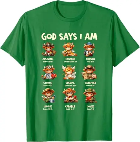 Schottisches Kuh-T-Shirt: Gott sagt, ich bin eine Highland-Kuh – Christliches religiöses Kleinkuh-T-Shirt, Y2K Glaube Jesus Bibelvers Tee Bekleidung – Detail 10