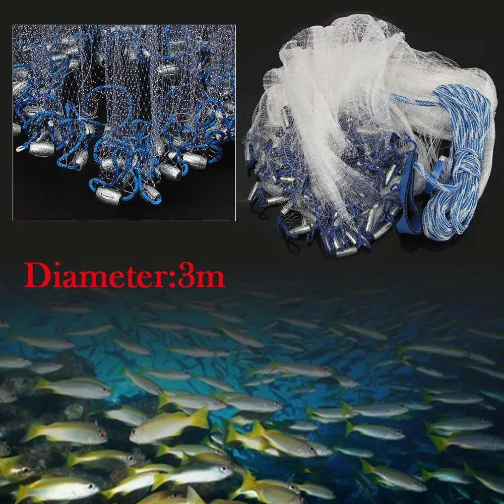 Fishing Net, 10Ft/14Ft/18Ft/22Ft Hand Mesh Cast Net Saltwater Clear Bait Casting Net W/Hollow Sinker