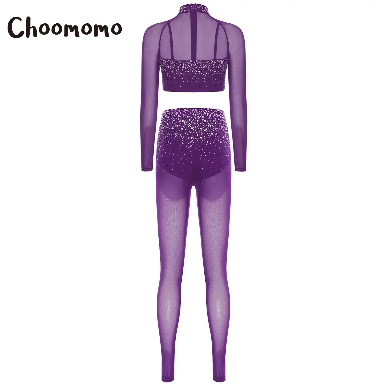 Tenue de danse lyrique moderne pour femmes, strass, manches longues, maille transparente, haut court, Leggings, collants, Ballet latin, entraînement de gymnastique