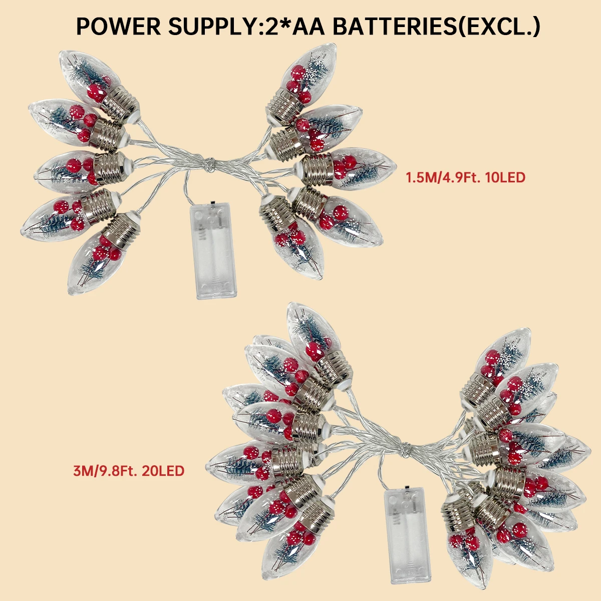 1pc LED Christmas Snowball Bulb String Light With Xmas Tree And Red Berries Holiday Fairy Lights Battery Powered For Home Decor