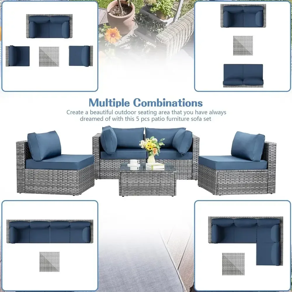 5-Piece Outdoor Patio Sectional Sofa Set in Silver Gray PE Wicker with Washable Cushions and Glass Coffee Table for Garden, Pool