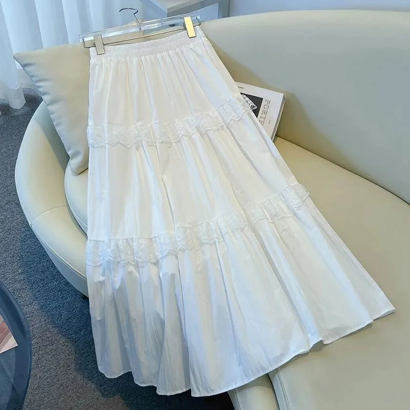 Renda retalhos branco midi saias para mulheres y2k solto elástico de cintura alta feminino babados uma linha saias coreano elegante saia mujer