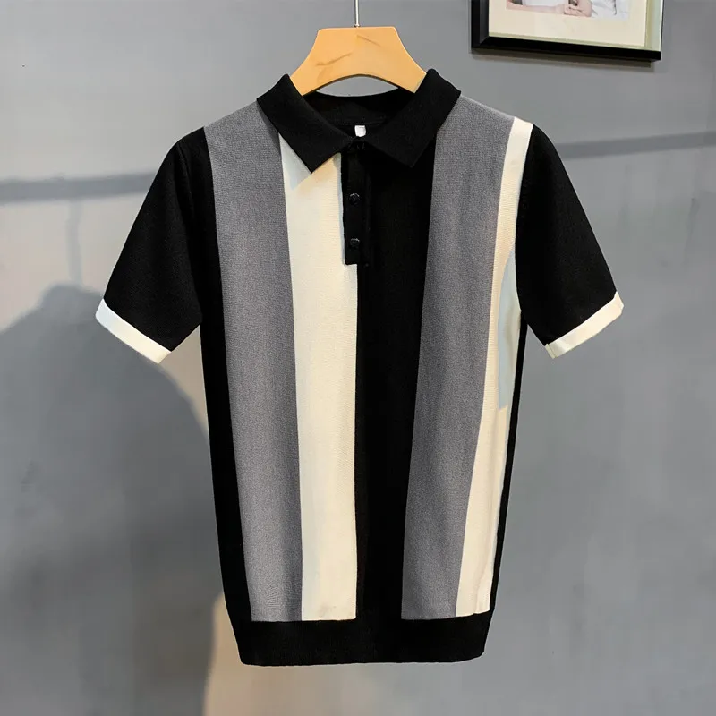 

Summer Short Sleeve Men's New Fashion Striped Loose Turn Down Collar T Shirt Male Casual Knitted Polos Top Tees Hip Shirts L99