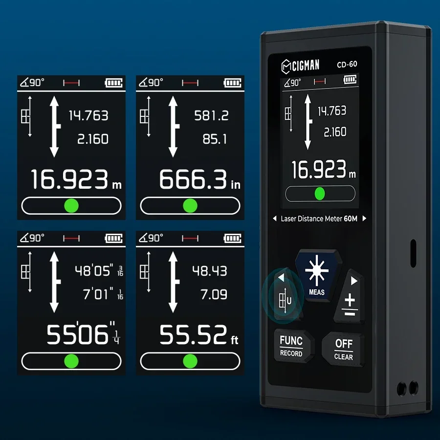 Imagem -02 - Cigman-telêmetro Laser Recarregável Cd60 Laser Vermelho Forte Medidor de Distância de 120m Ferramentas de Medição