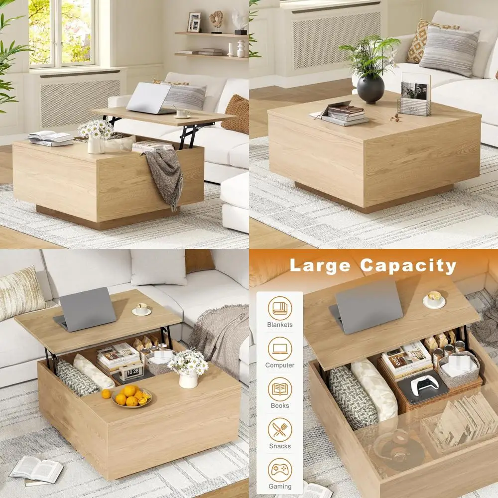 

Farmhouse Style Square Coffee Table with Storage, Wooden Lift Top Table, Hidden Compartment for Organization