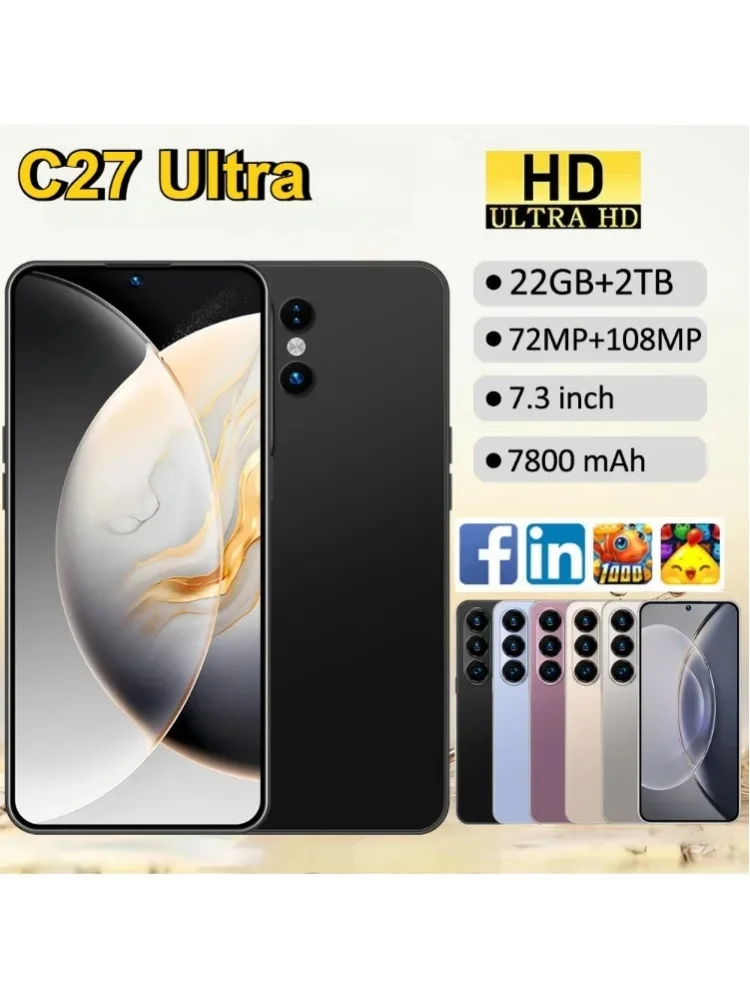 Smartfon 5G C27 Ultra, telefony komórkowe, smartfon z systemem Android, telefon komórkowy 7,3 cala, 22GB+2TB, odblokowywanie twarzą, Dual SIM, 7800mAh, odnowiony. — 2