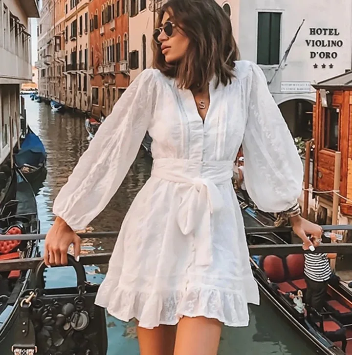 

BKLD 2026 Autumn New Fashionable Pullover V-Neck Long Sleeve Elastic Waistband Bow Tie Lace Big Swing Dress White Women Clothing