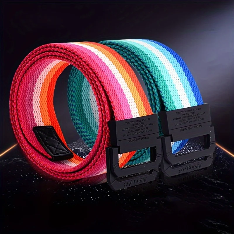 Siebenfarbiger Regenbogen-Canvas-Gürtel mit doppelter Ringschnalle für Damen und Herren, lässiger Hosengürtel – Detail 7