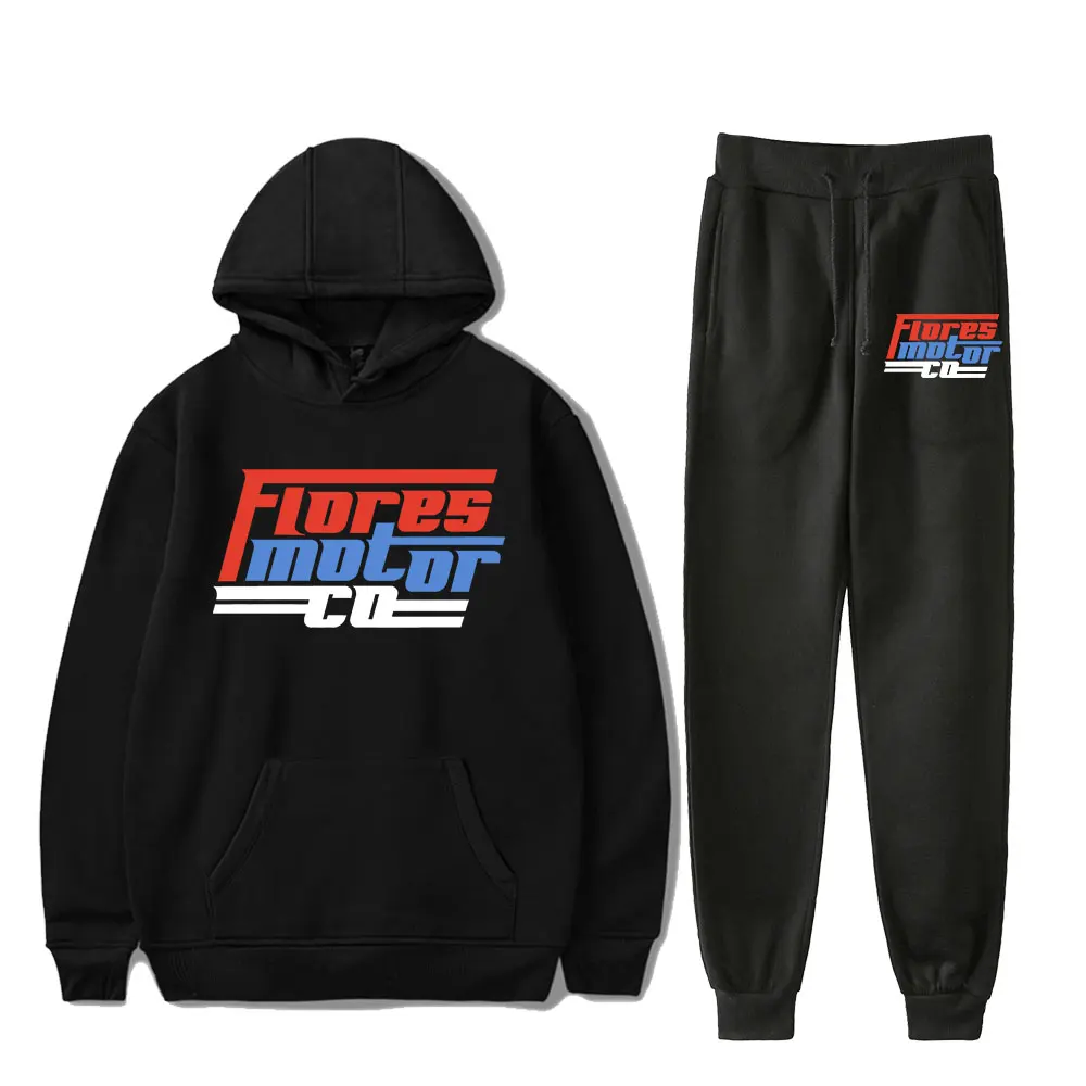 Conjunto de Moletom com Capuz e Calças Wyatt Flores 2 Peças com Estampa Gráfica Flores Motor Co, Traje Casual para Treino Diário