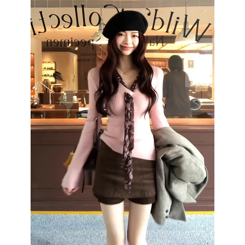 

YIBASHU женский розовый повседневный свитер с v-образным вырезом и длинными рукавами, американский уличный модный ретро-свитер 2000-х годов, свободный зимний топ, одежда