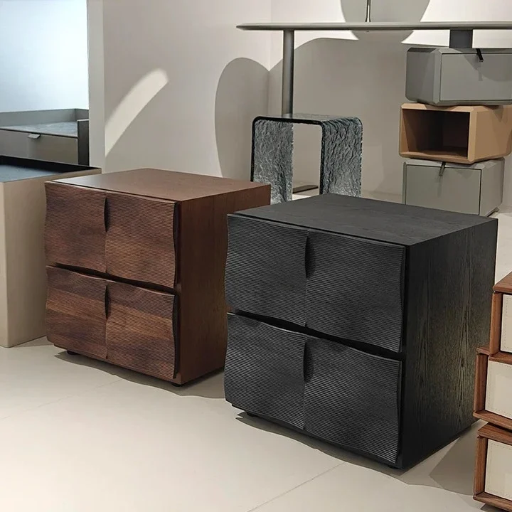 Modern Minimalist White Wooden Bedside Table with Warm Wood Ring-Pull Drawers Luxury Foldable Bedroom Nightstand