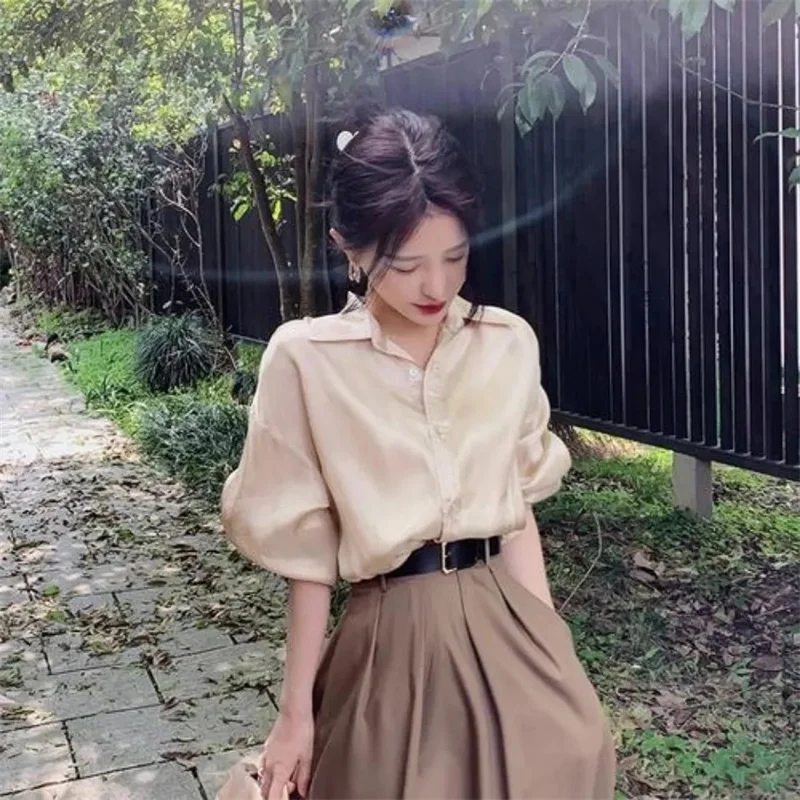 Women New Long Sleeved Shirt Skirt Two Piece Set 2025 Design Sense Female Korean Spring Solid Long Sleeved Shirt Skirts Outfit