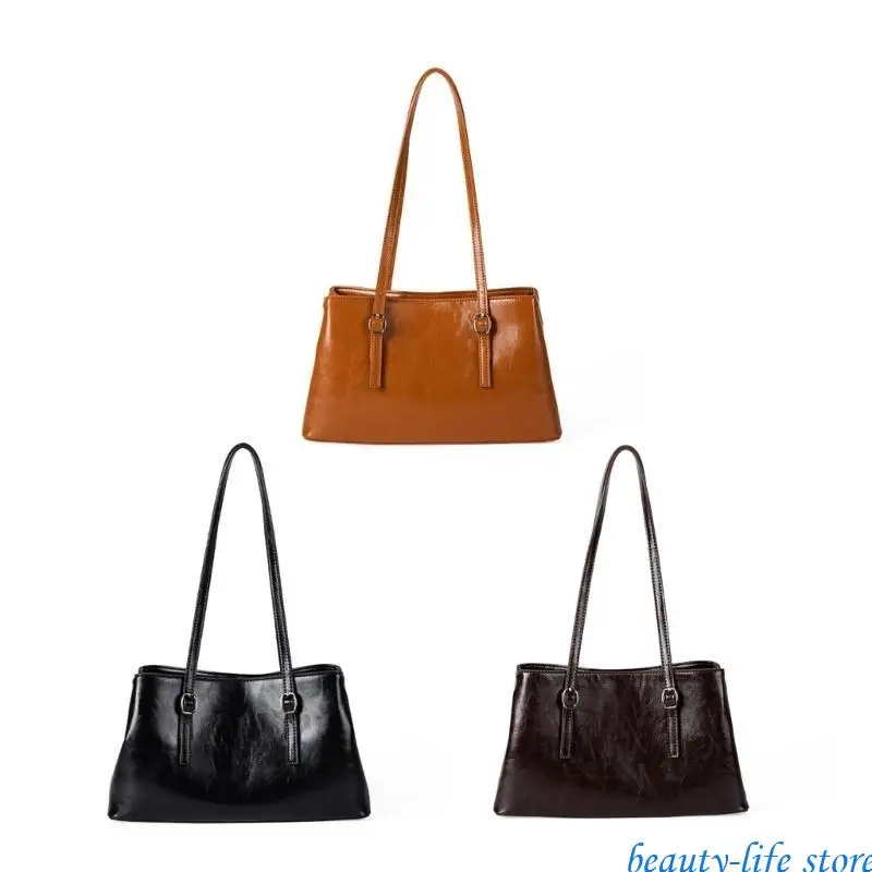 

Spacious Women's Shoulder Bag Oil Glossy PU Leather Large Capacity Underarm for Women Commuters or Students Handbag 517D
