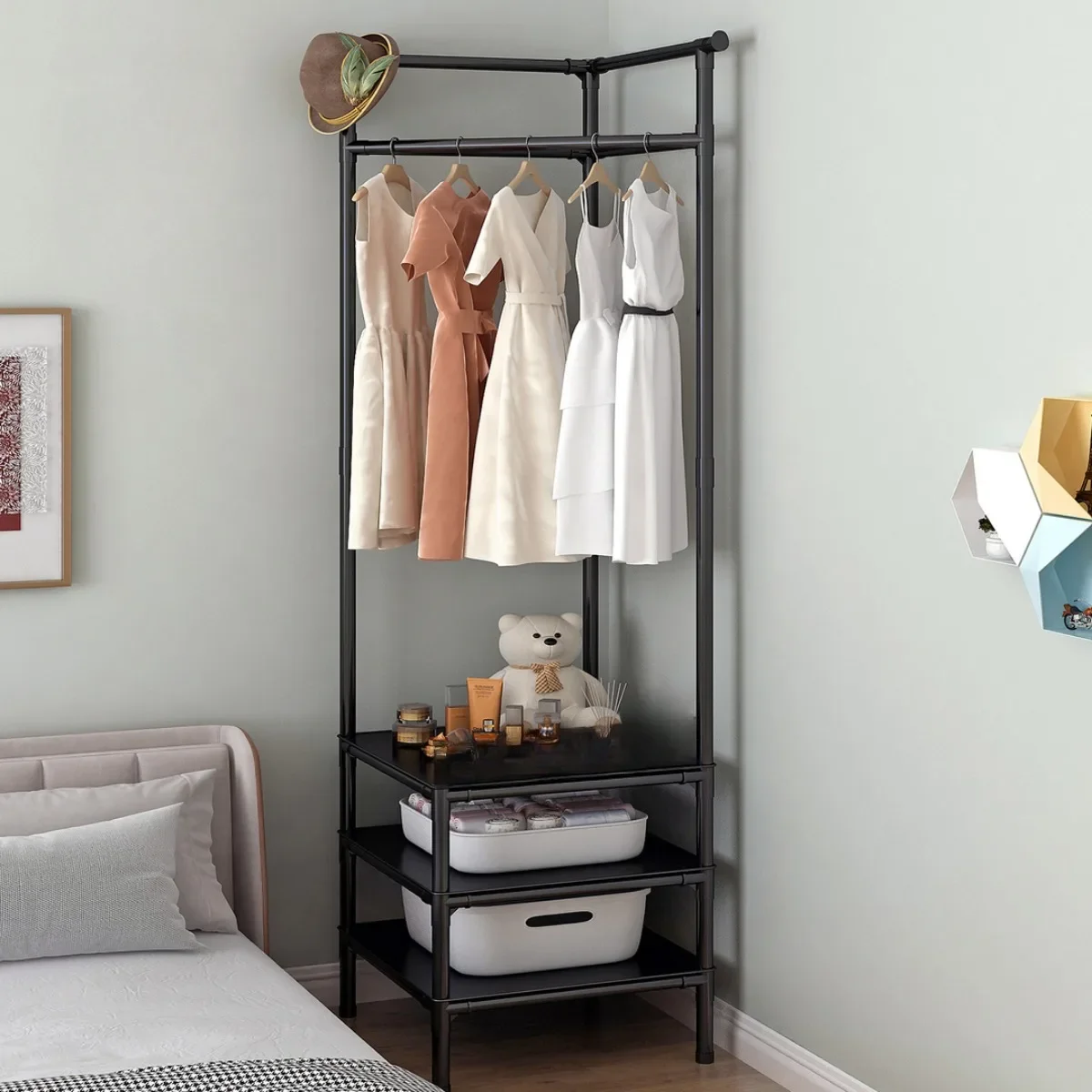 

2 in 1 Corner Clothes Rack Nightstand Coat Rack Storage Bedroom Clothes Stand Organizer Night Table Storage Shelf Clothing Racks