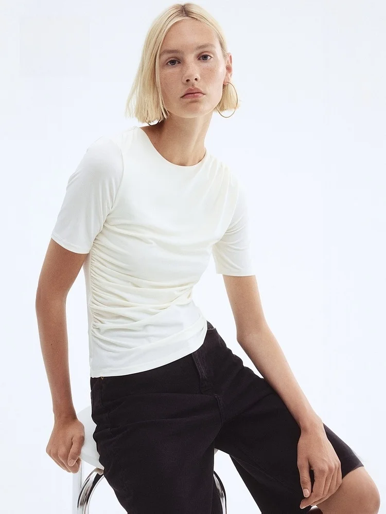 H&M 春の新作 レディース カジュアル ドレープトップ スリムフィット ラウンドネック ポリエステル スパンデックス混紡 レギュラー丈 Tシャツ