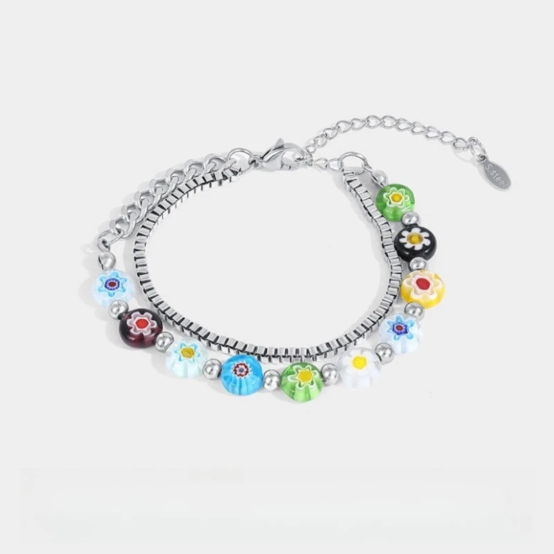 

Colorful glass flower bracelet for women, niche design, high-end feel, double-layer bracelet, bead accessories