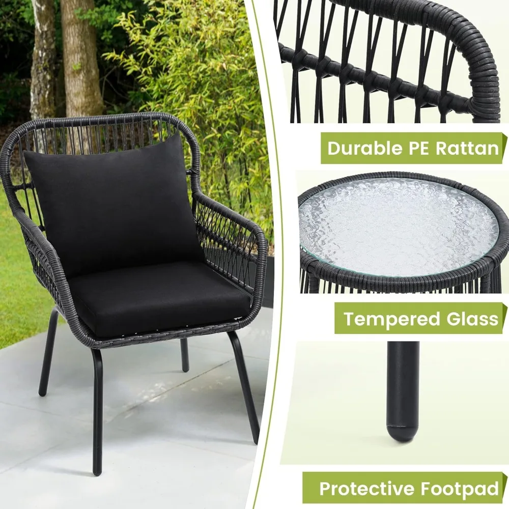 3 Piece Rattan Wicker Bistro Set, Outdoor Conversation Furniture Set with Glass Top Table, Space Saving for Balcony, Backyard