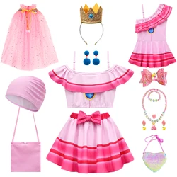2023 Super Bros Summer Girls Anime Swimsuit Princess Peach Swimwear Holiday Party Pink Cute Bikini Kids Tulle Sunscreen Clothing