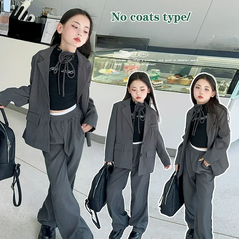 Suit for Girls Autumn 2024 New Fashion Grey Teen School Kids Clothes Set Blazer Trousers 2pcs Performance Outfit Formal Costumes