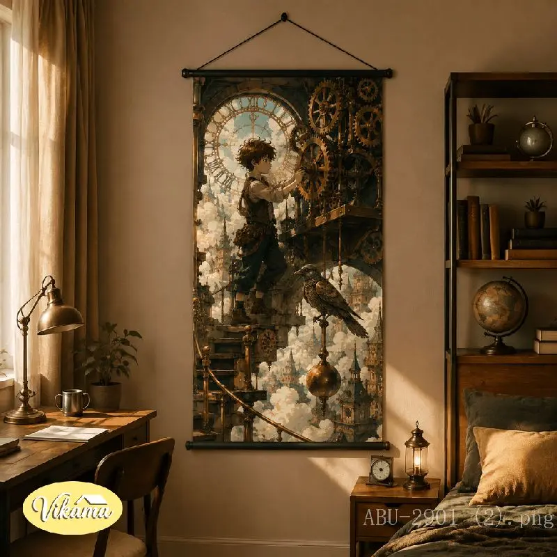 VIKAMA Steampunk Boy Tapestry Cloud Gear Platform Giant Clock Raven Anime Art Polyester Wall Hanging Bedroom Dorm Home Decor