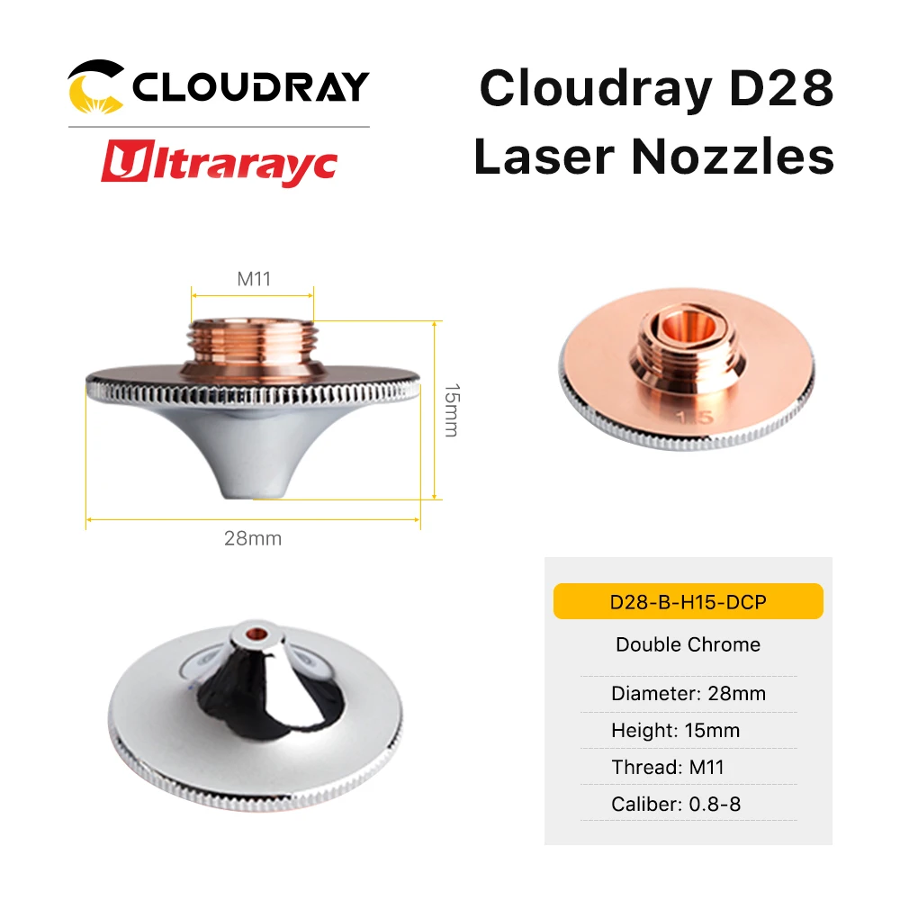 Ultrarayc Laser Đầu Phun Đơn Đôi Chrome Mạ Lớp D28 Cỡ Nòng 0.8-4.0Mm Cho Sợi Cắt Đầu Kim Loại conusmables