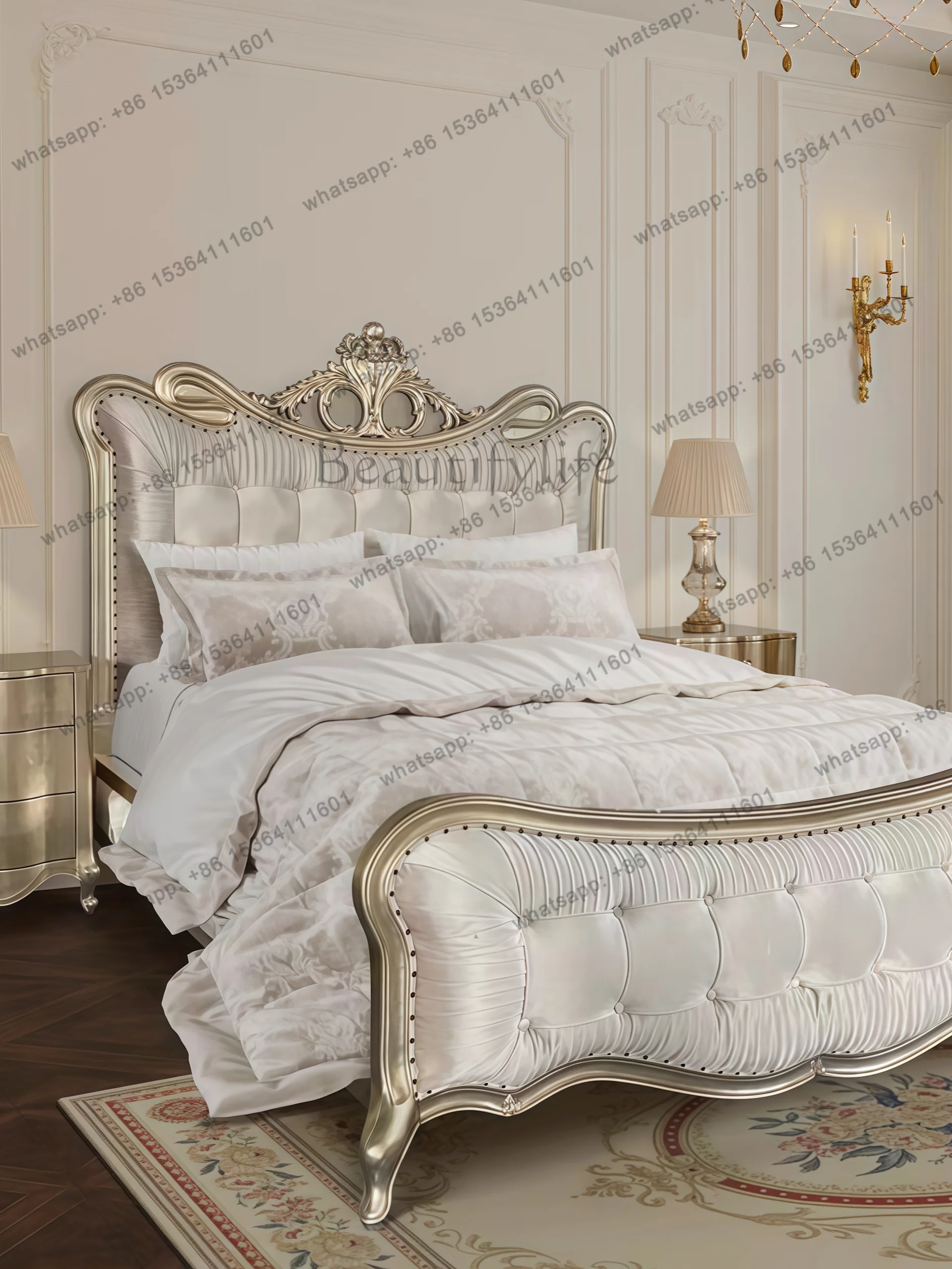 French light luxury court style American solid wood bed modern simple carved fabric soft bag high-end European princess bed