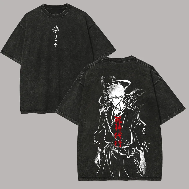 Bleach Ichigo Kurosaki Ink Sketch Japanese Kanji Double Sided Vintage Washed Anime Graphic T-Shirt Unisex Oversized Y2K Tee Tops